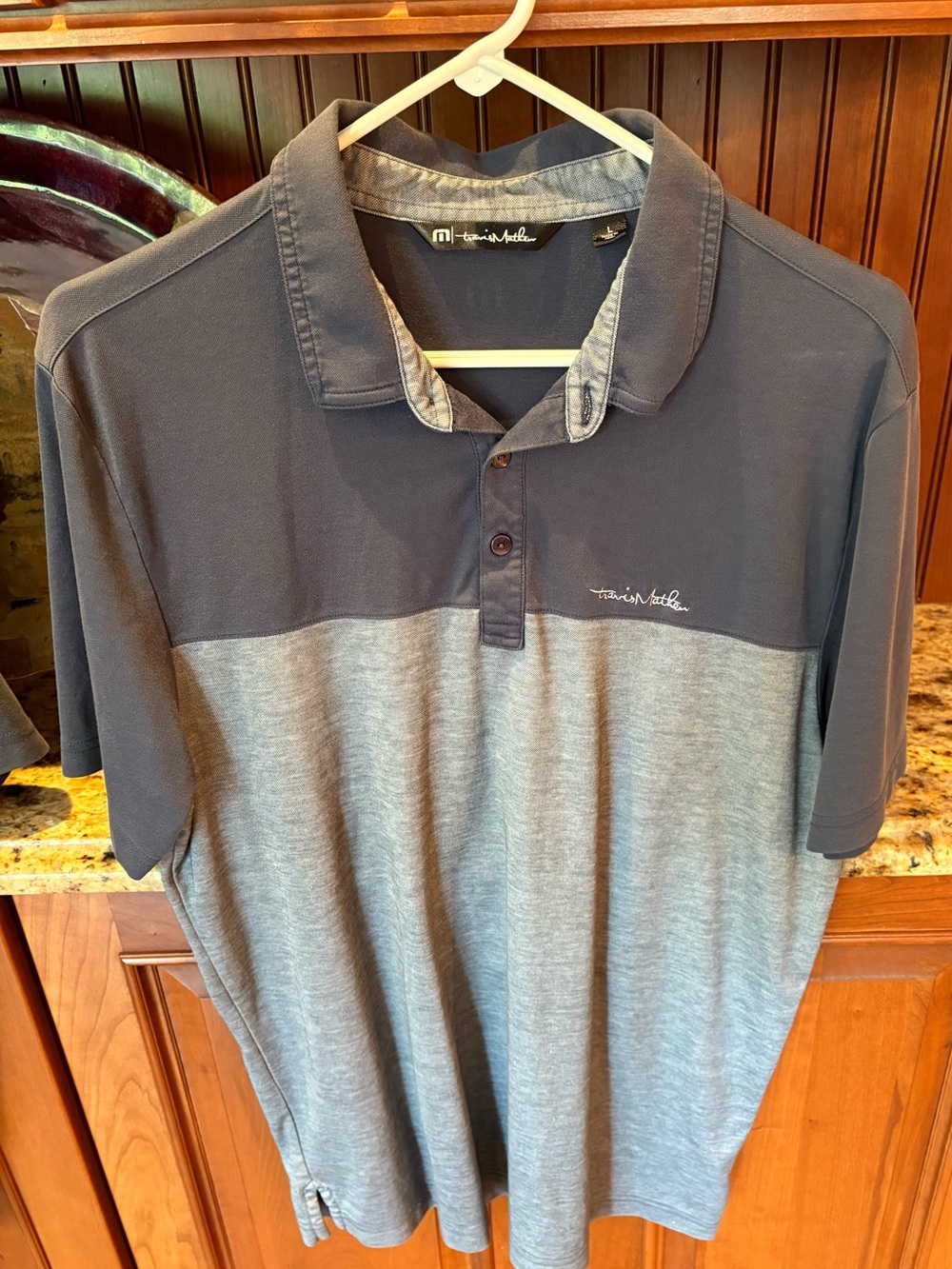 Travis Mathew Two-Tone Navy and Heather Gray Polo. Large - Picture 5 of 7